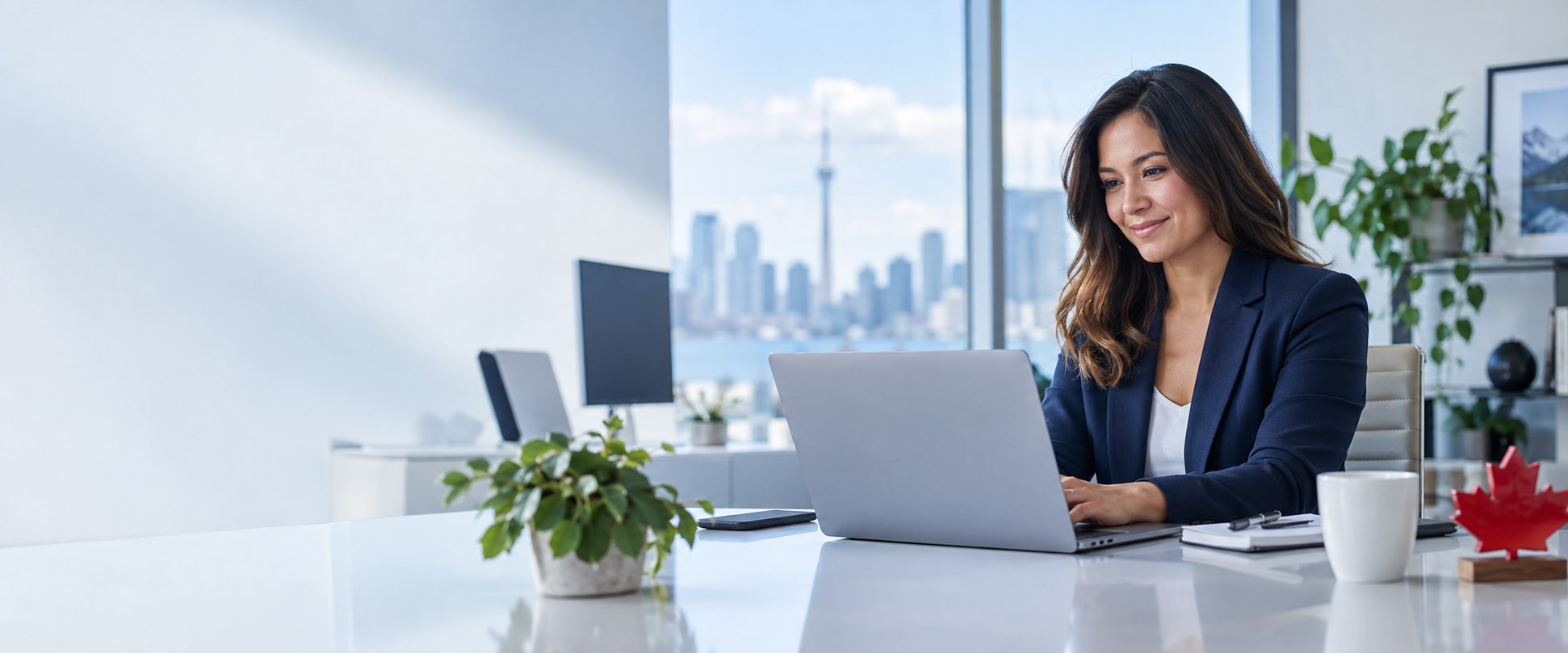 Canadian professional choosing software at a modern laptop workstation