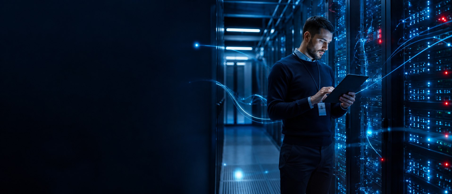 IT administrator working beside secure data-centre infrastructure