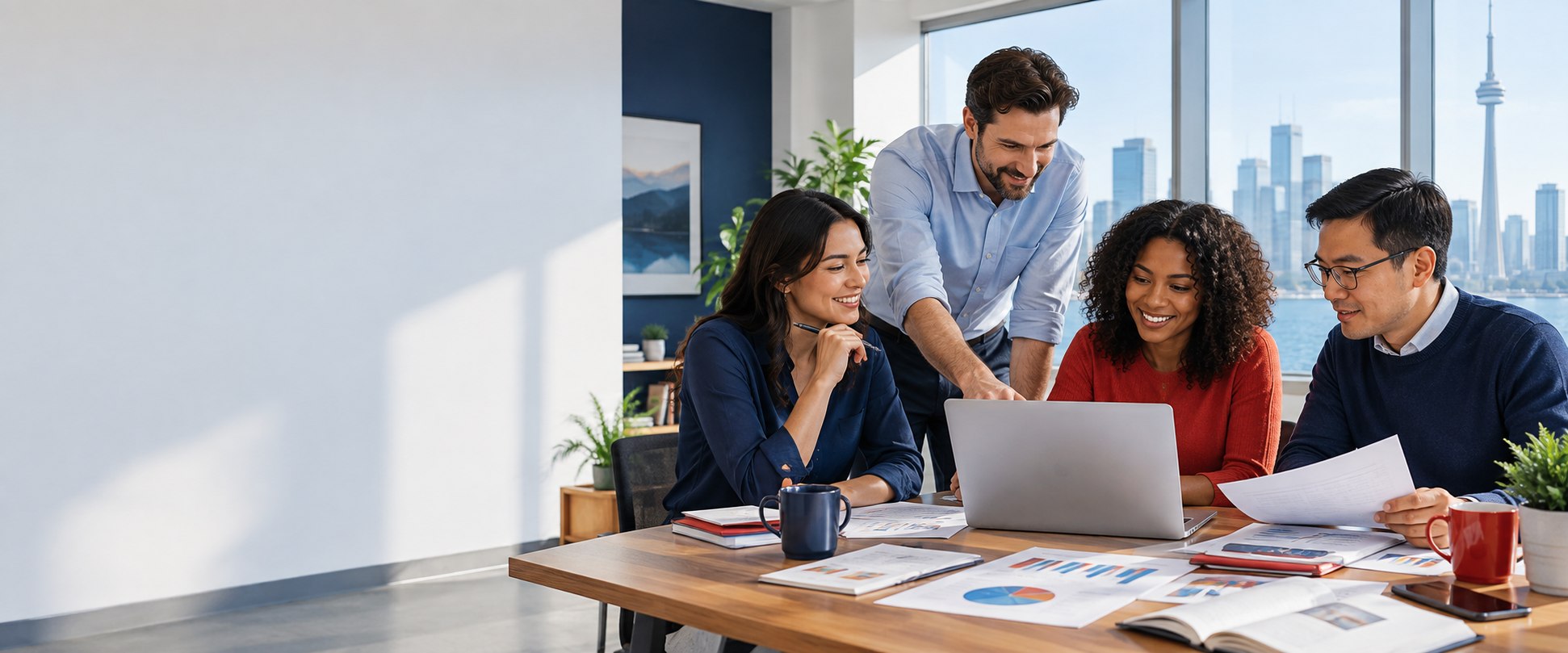 Canadian team collaborating on productivity work around a laptop