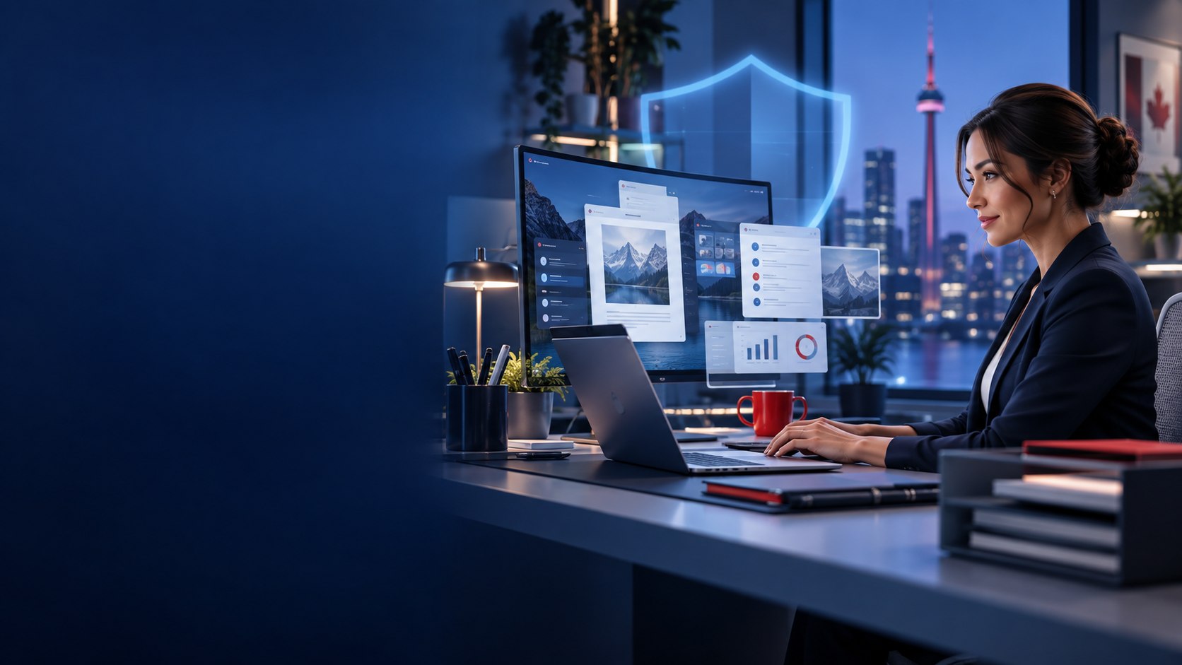 Canadian professional working in a secure modern digital workplace