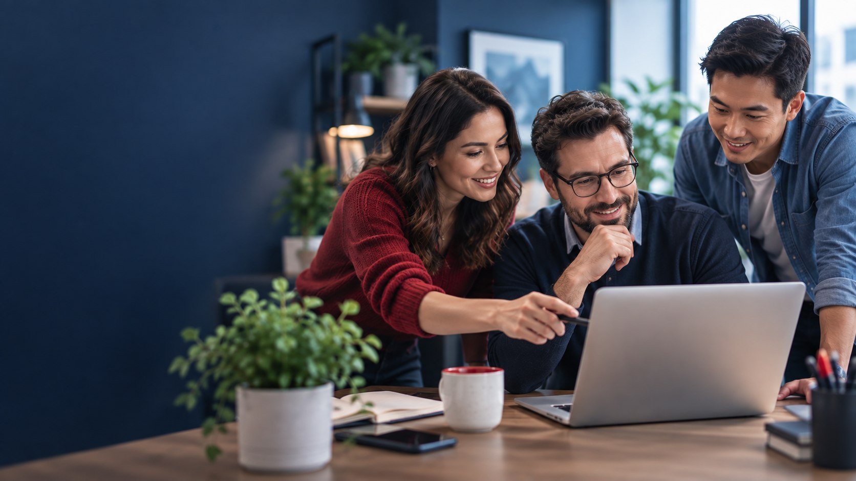 A Canadian business team comparing software requirements together