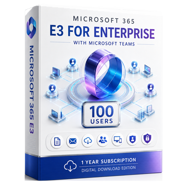 Microsoft 365 E3 for Enterprise – 100 Users with Teams | 1-Year Subscription product image on a transparent background