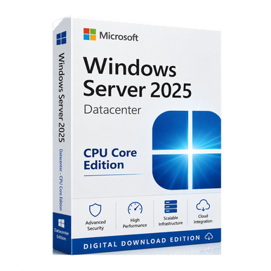 Microsoft Windows Server 2025 Datacenter CPU Core Edition product image on a transparent background
