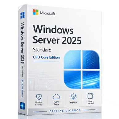Microsoft Windows Server 2025 Standard CPU Core Edition product image on a transparent background